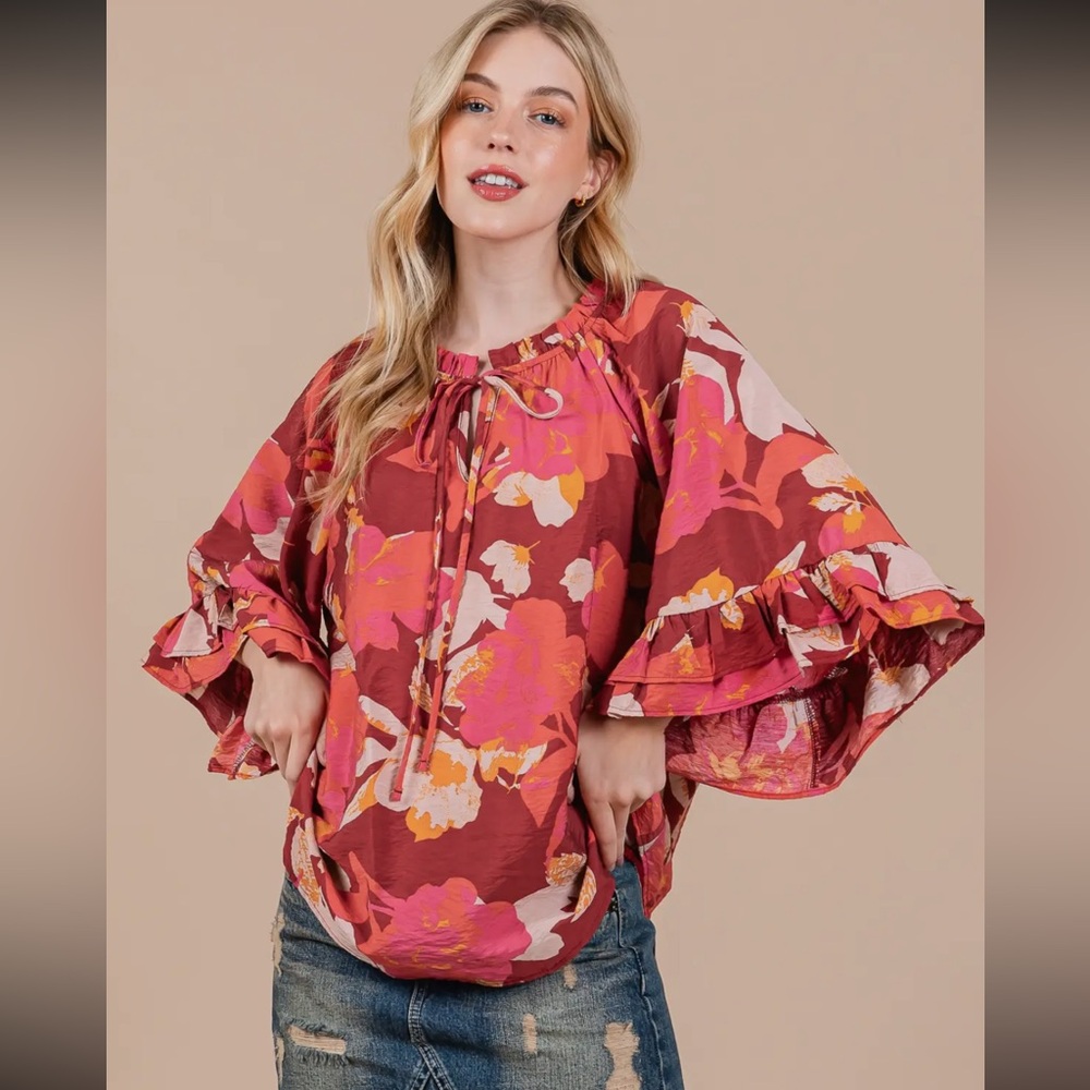 Boho Floral Print Split Mock Neck Blouse